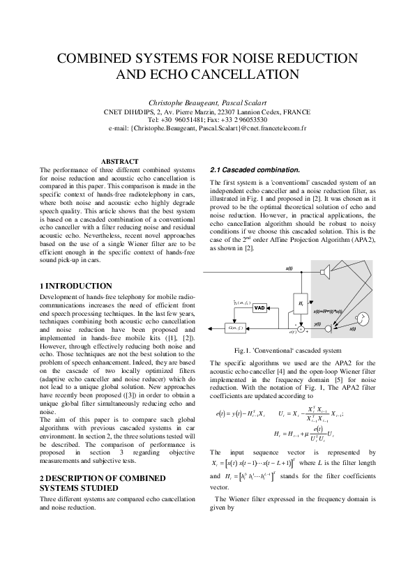 (PDF) Combined Systems For Noise Reduction And Echo Cancellation