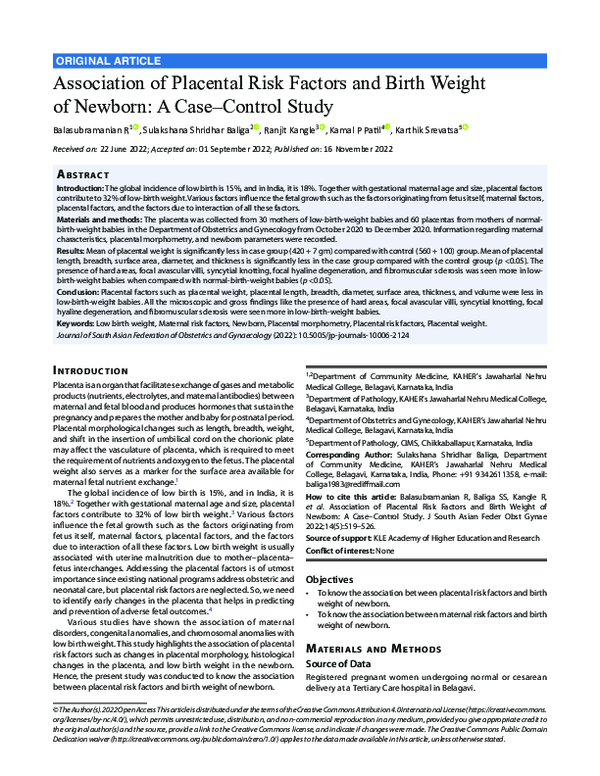(PDF) Association of Placental Risk Factors and Birth Weight of Newborn ...