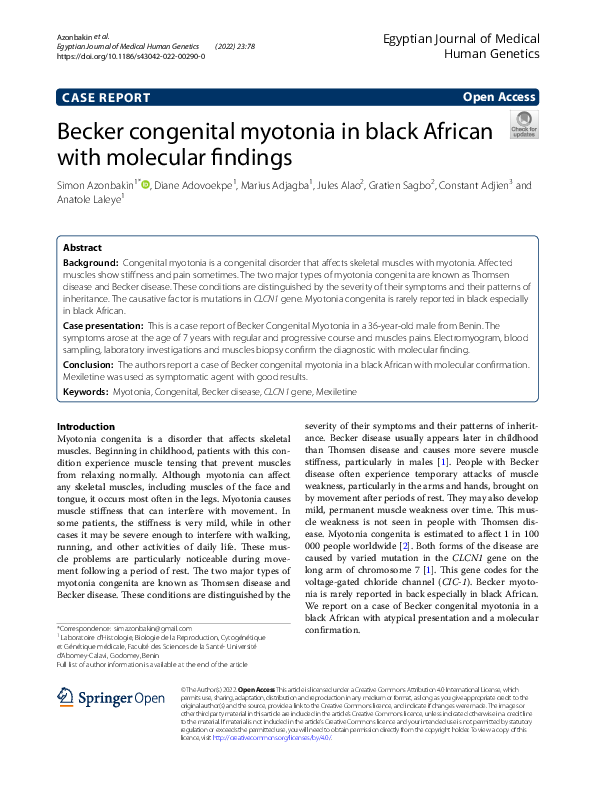 (PDF) Becker congenital myotonia in black African with molecular findings