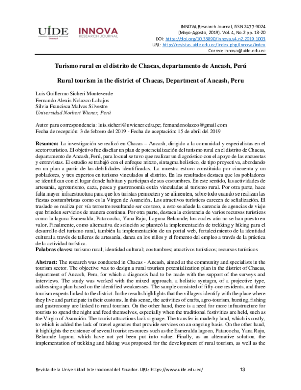 (PDF) Turismo rural en el distrito de Chacas, departamento de Ancash, Perú
