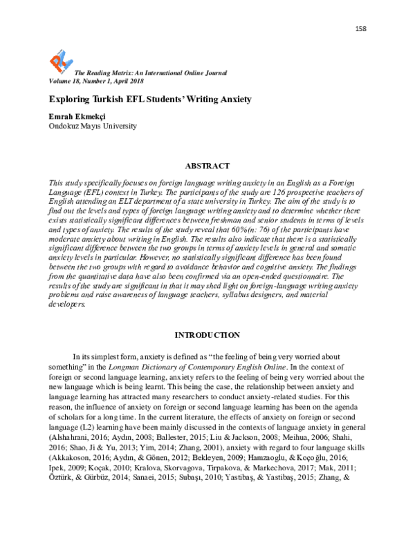 (PDF) Exploring Turkish EFL Students' Writing Anxiety