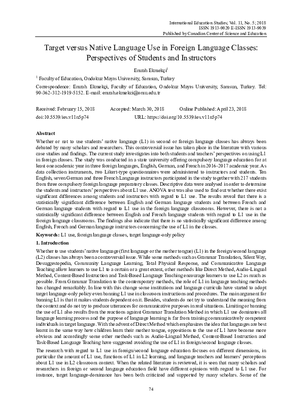(PDF) Target versus Native Language Use in Foreign Language Classes ...