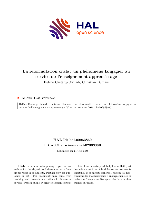 (PDF) La reformulation orale : un phénomène langagier au service de l ...