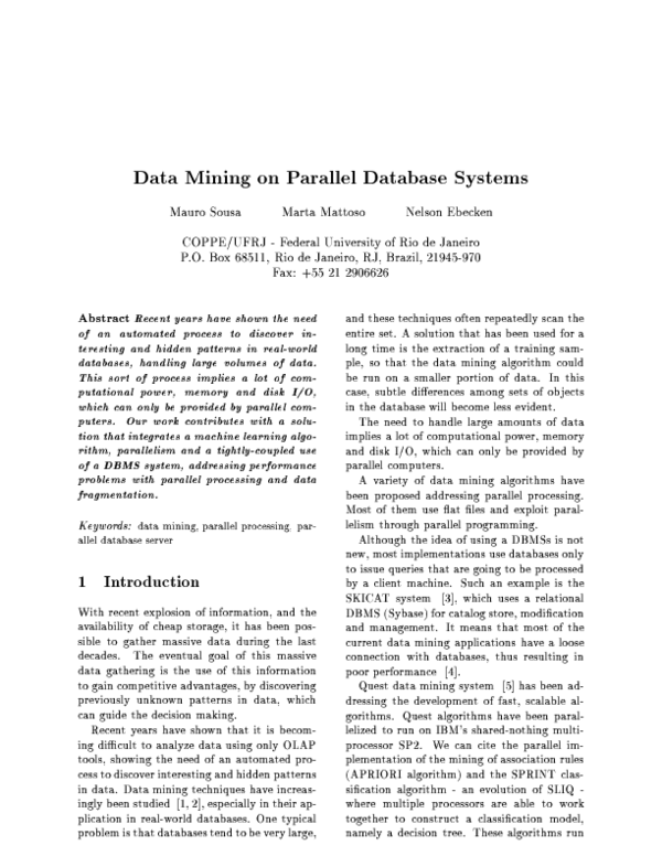 (PDF) Data mining on parallel database systems