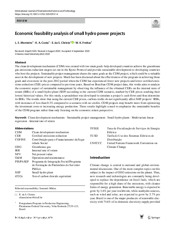 (PDF) Economic feasibility analysis of small hydro power projects