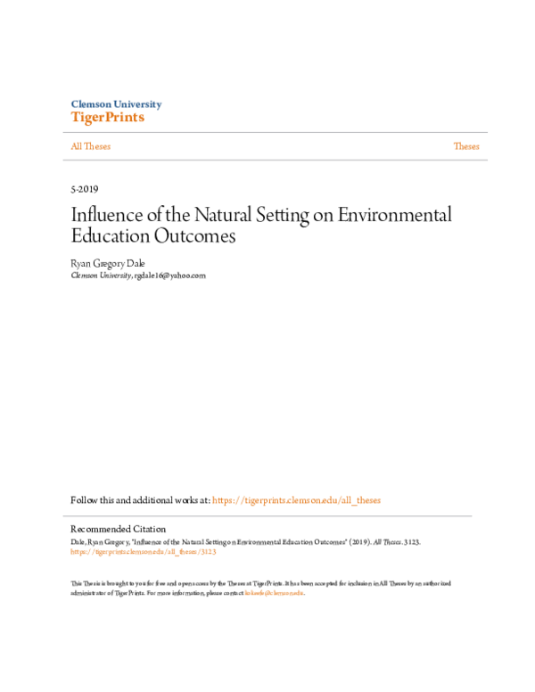 Environmental Education Outcomes For Conservation A Systematic Review (PDF) Influence of the natural setting on environmental education outcomes