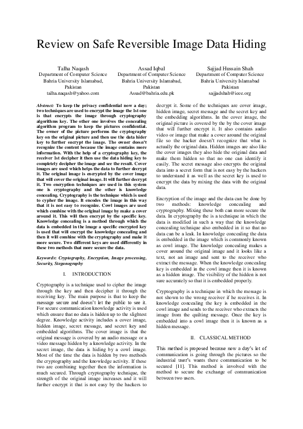 (PDF) Review on Safe Reversible Image Data Hiding