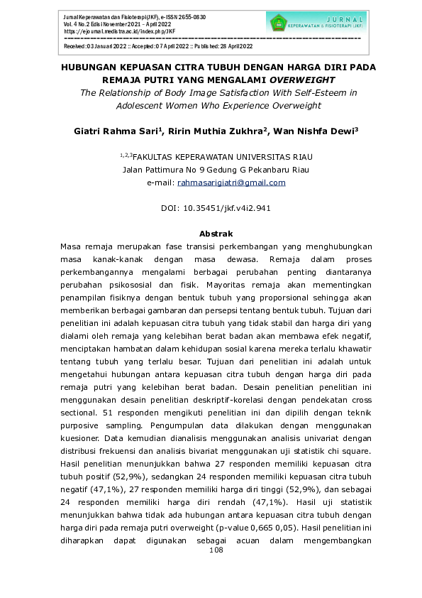 (PDF) The Relationship of Body Image Satisfaction With Self-Esteem in ...