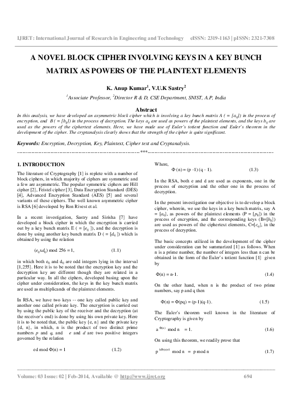 (PDF) A Novel Block Cipher Involving Keys in a Key Bunch Matrix as ...