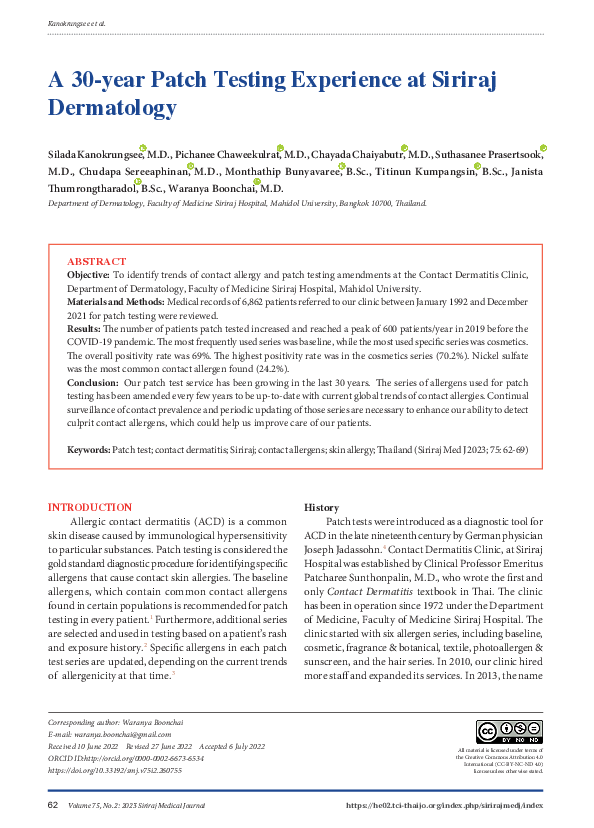 (PDF) A 30-year Patch Testing Experience at Siriraj Dermatology