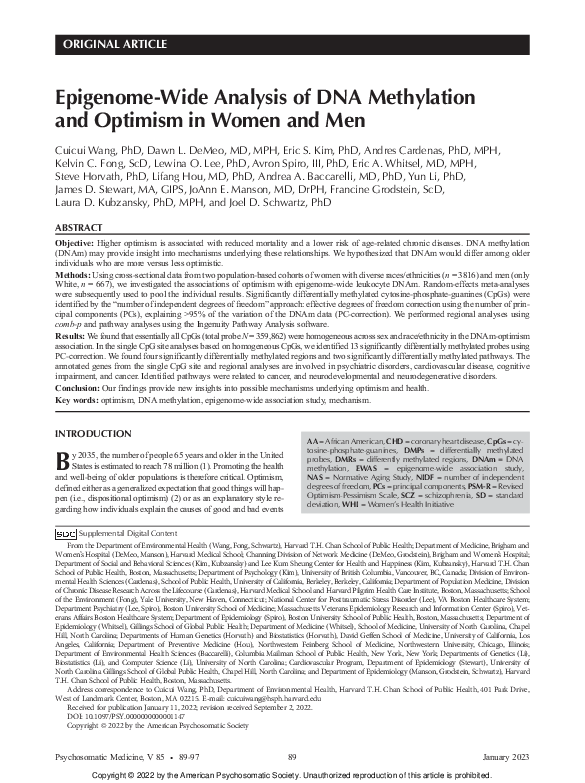 (PDF) Epigenome-Wide Analysis of DNA Methylation and Optimism in Women ...