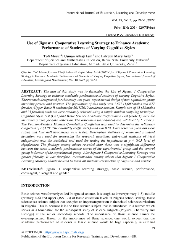 (PDF) Use of Jigsaw 1 Cooperative Learning Strategy to Enhance Academic ...