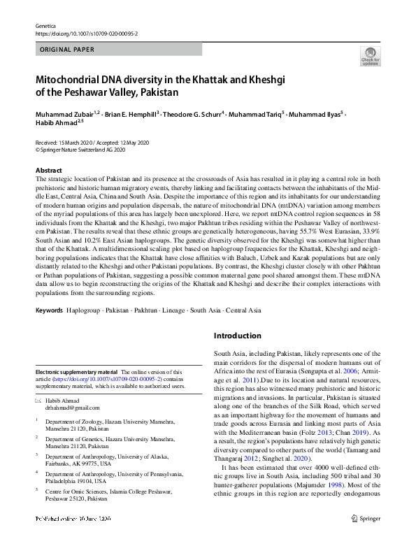 (PDF) Mitochondrial DNA diversity in the Khattak and Kheshgi of the ...