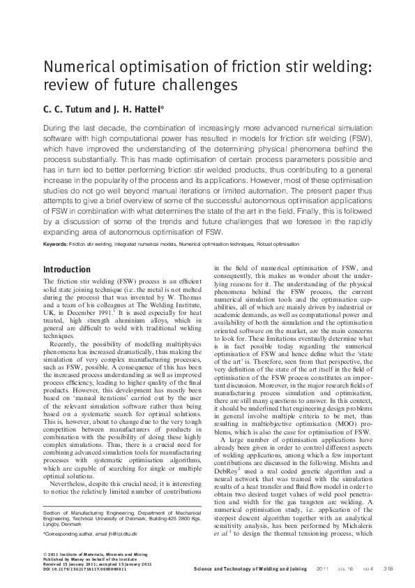 (PDF) Numerical optimisation of friction stir welding: review of future ...