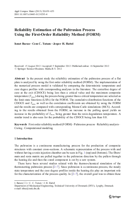 (PDF) Reliability Estimation of the Pultrusion Process Using the First ...