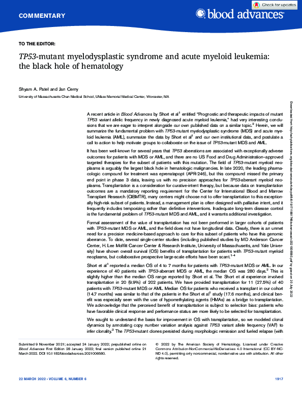 (PDF) TP53-mutant myelodysplastic syndrome and acute myeloid leukemia ...