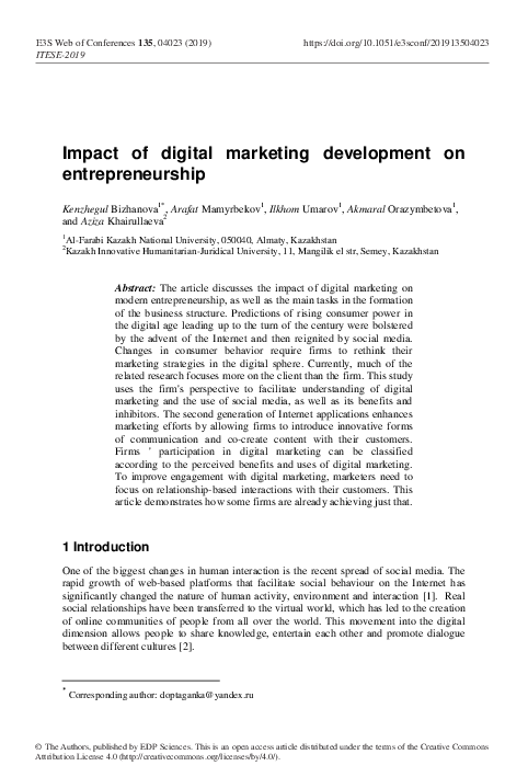 (PDF) Impact of digital marketing development on entrepreneurship