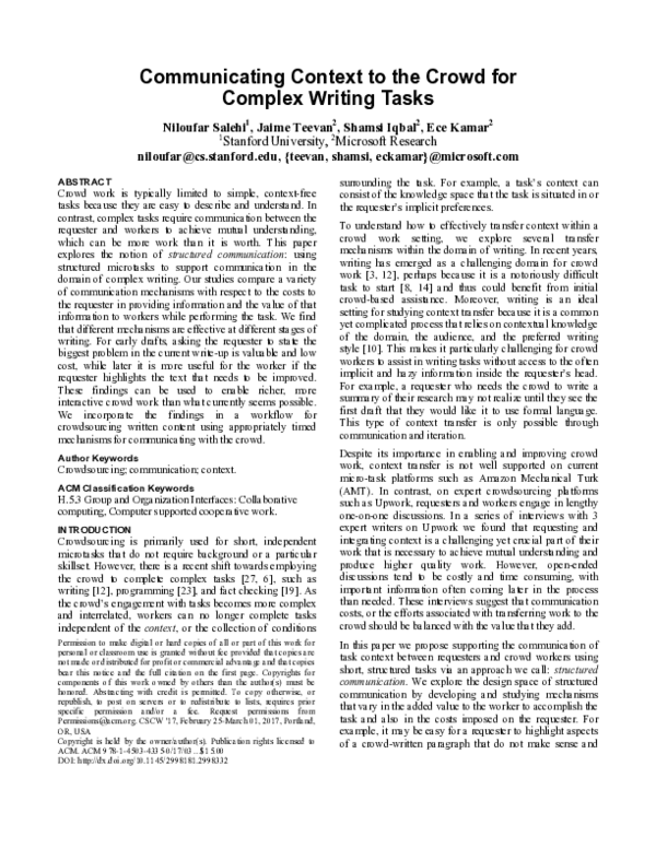 (PDF) Communicating Context to the Crowd for Complex Writing Tasks