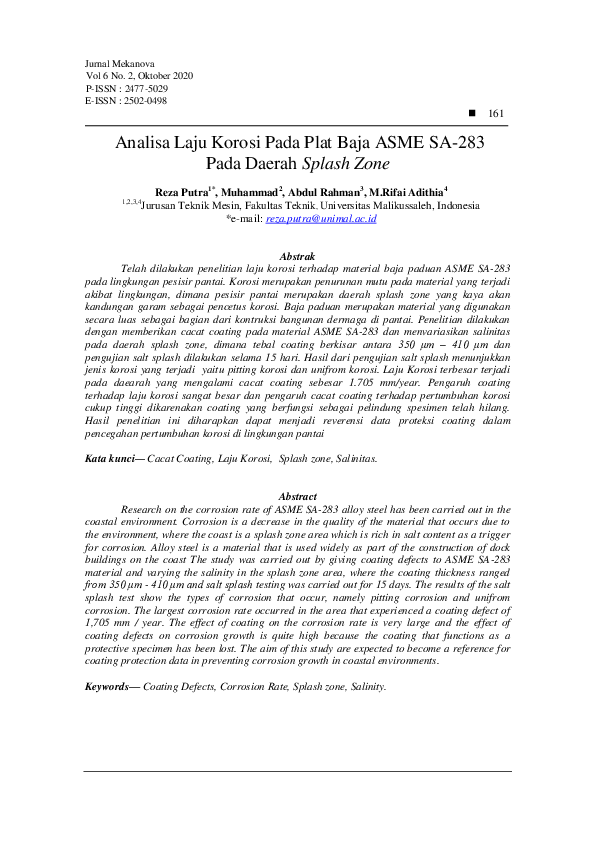 (PDF) Analisa Laju Korosi Pada Plat Baja ASME SA283 Pada Daerah Splash Zone Reza Putra
