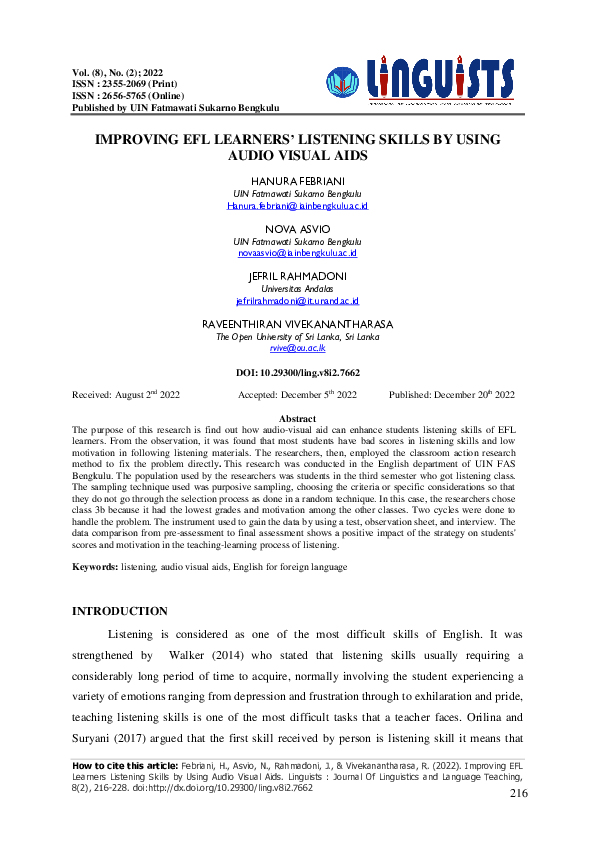 (PDF) Improving EFL Learners Listening Skills by Using Audio Visual Aids