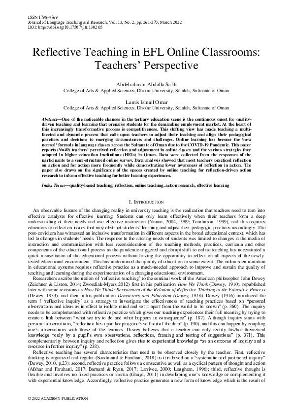 (PDF) Reflective Teaching in EFL Online Classrooms: Teachers' Perspective