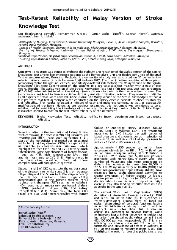 (PDF) Test-Retest Reliability of Malay Version of Stroke Knowledge Test