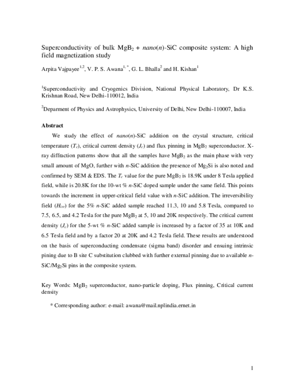 (PDF) Superconductivity of the bulk MgB2+nano(n)-SiC composite system ...