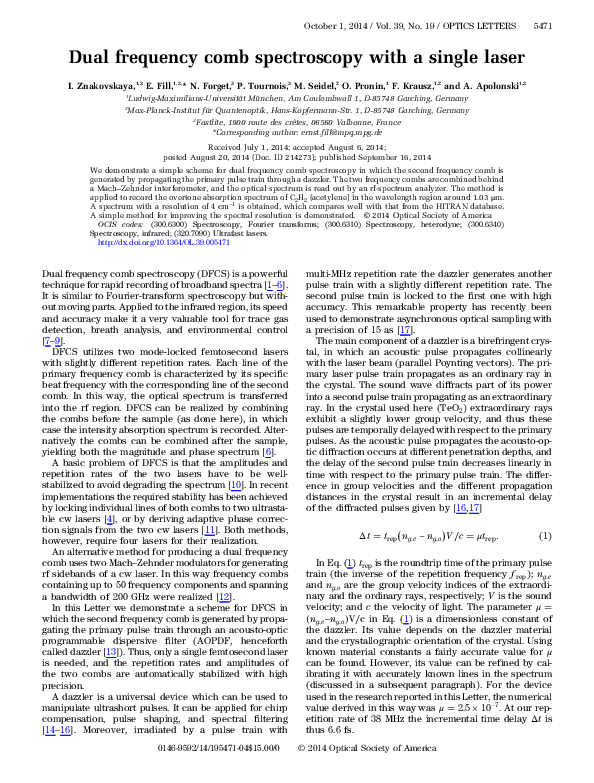 (PDF) Dual frequency comb spectroscopy with a single laser