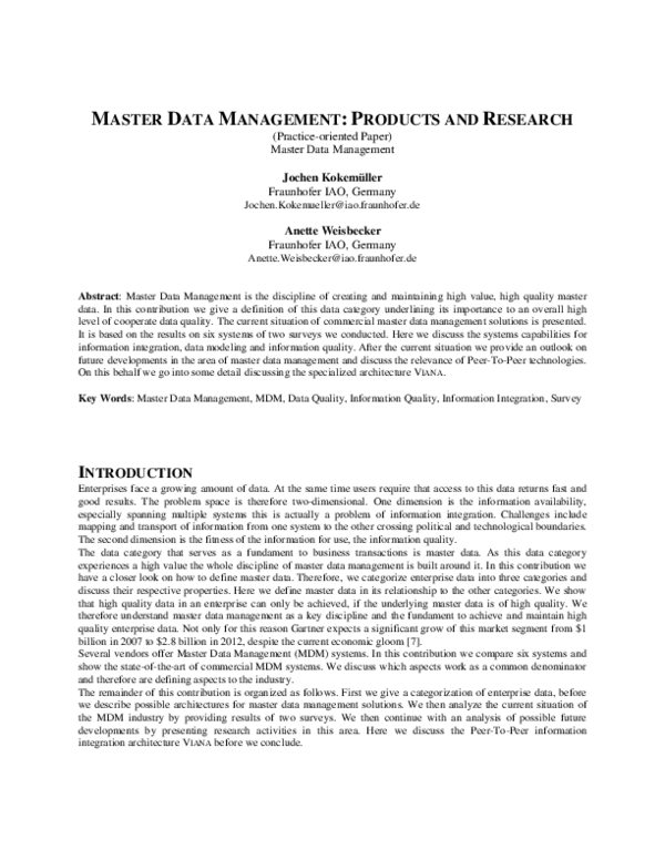 (PDF) MASTER DATA MANAGEMENT: PRODUCTS AND RESEARCH (Practice-oriented ...