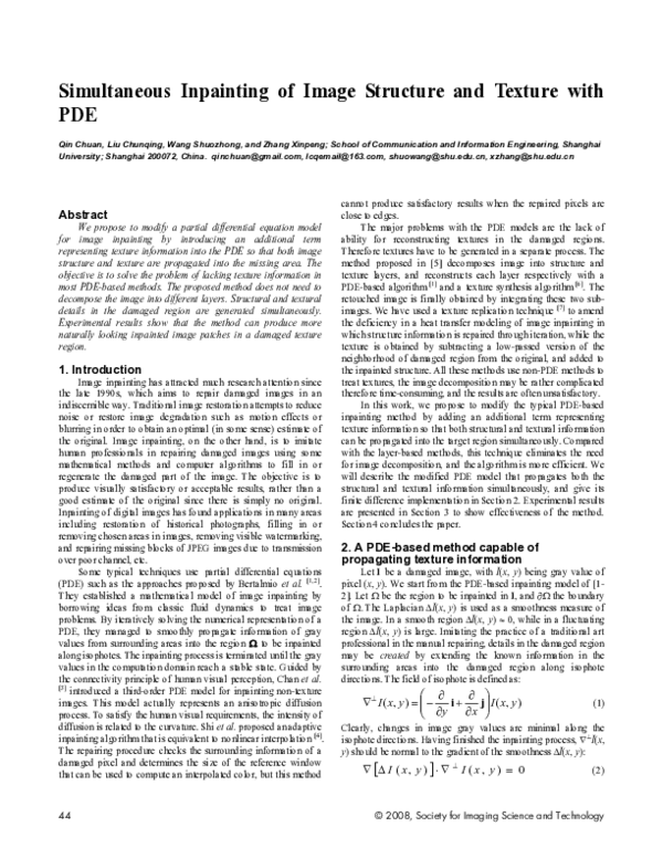 (PDF) Simultaneous Inpainting of Image Structure and Texture with PDE