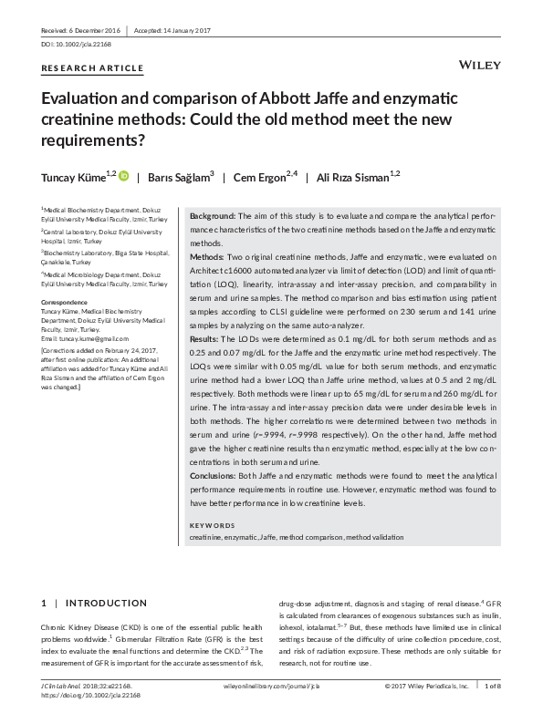 (PDF) Evaluation and comparison of Abbott Jaffe and enzymatic creatinine methods Could the old