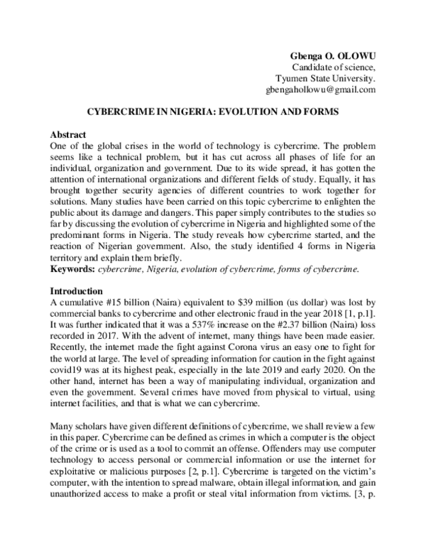 Pdf Cybercrime In Nigeria Evolution And Forms