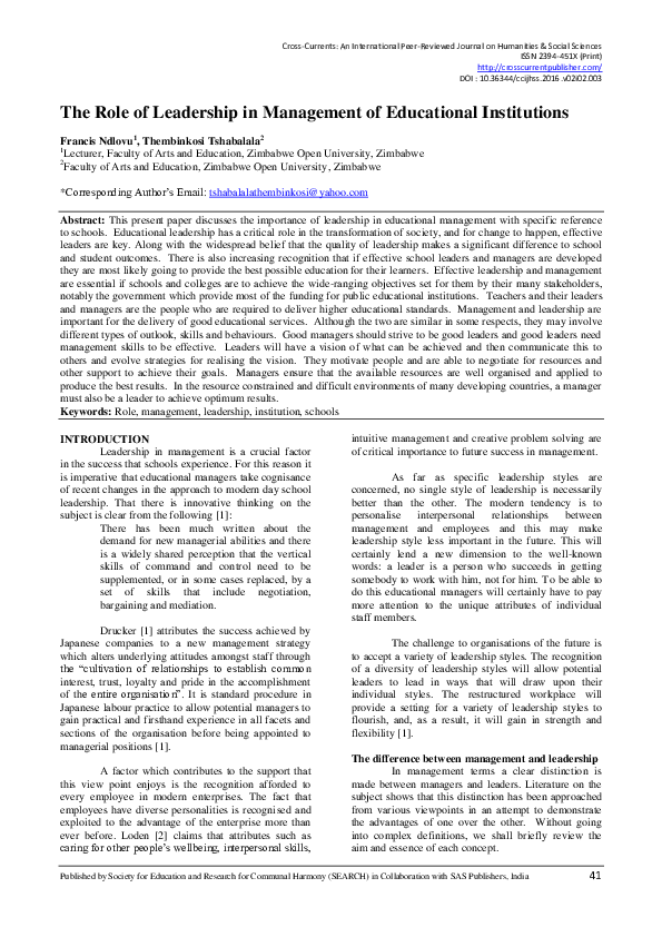 (PDF) The Role of Leadership in Management of Educational Institutions