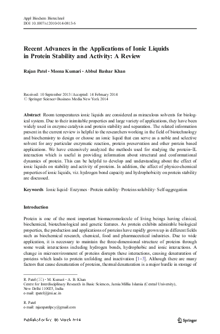 (PDF) Recent Advances in the Applications of Ionic Liquids in Protein ...