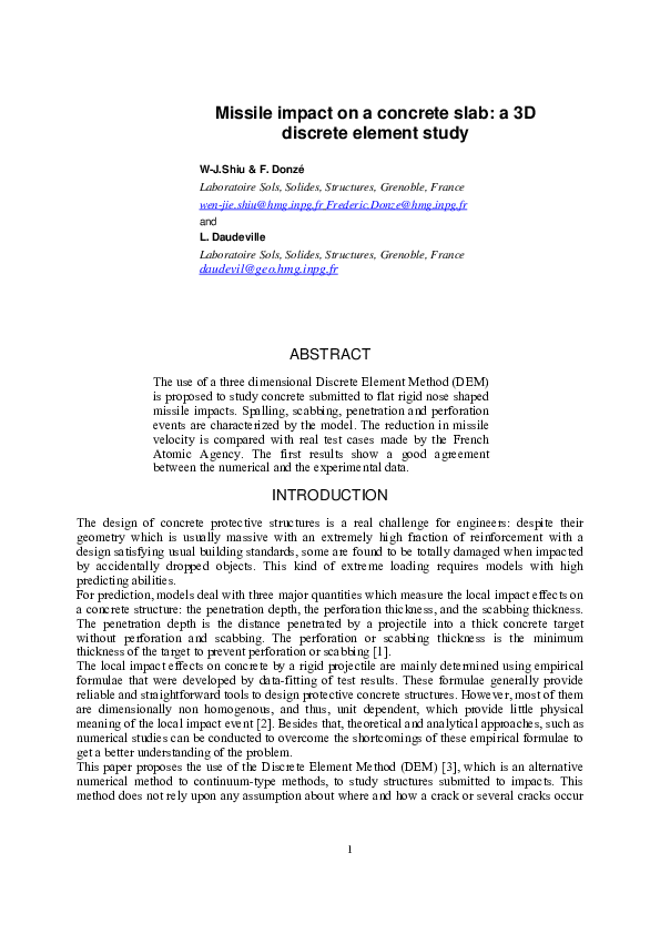 (PDF) Missile impact on a concrete slab: a 3D discrete element study ...
