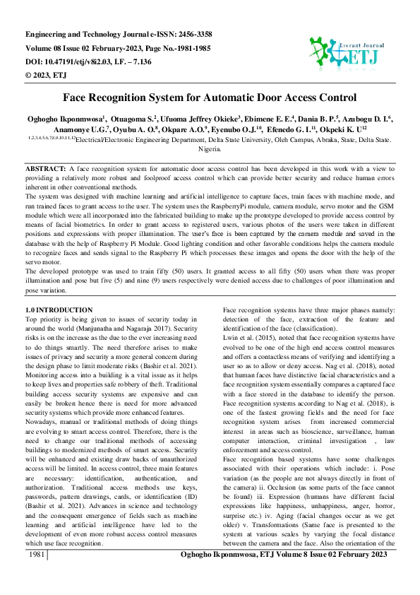 (PDF) Face Recognition System for Automatic Door Access Control