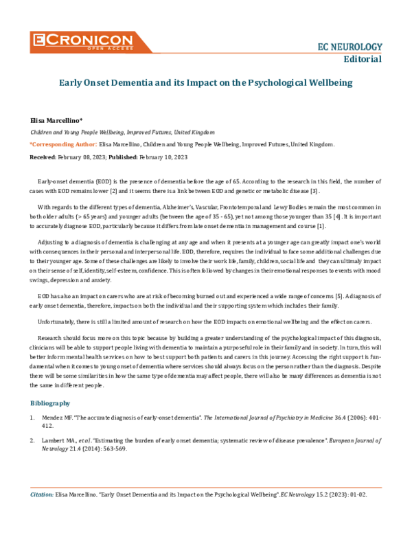 (PDF) Early Onset Dementia and its Impact on the Psychological Wellbeing