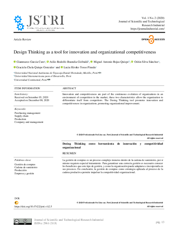 (PDF) Design Thinking as a tool for innovation and organizational ...