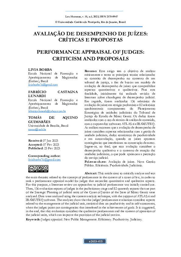 (PDF) AVALIAÇÃO DE DESEMPENHO DE JUÍZES: CRÍTICAS E PROPOSTAS ...