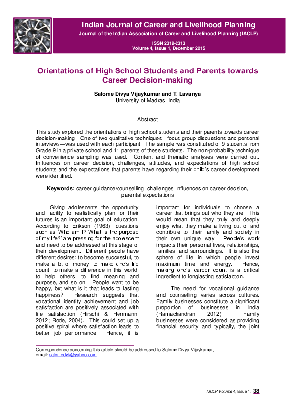 (PDF) Orientations of High School Students and Parents towards Career ...