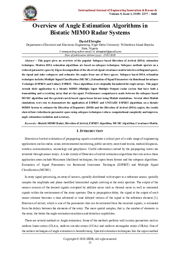 (PDF) Overview of Angle Estimation Algorithms in Bistatic MIMO Radar ...
