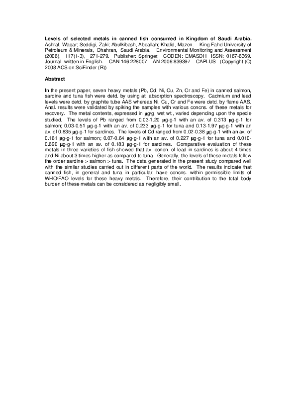 (PDF) Levels of Selected Metals in Canned Fish Consumed in Kingdom of