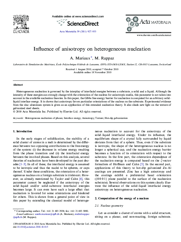 (PDF) Influence of anisotropy on heterogeneous nucleation