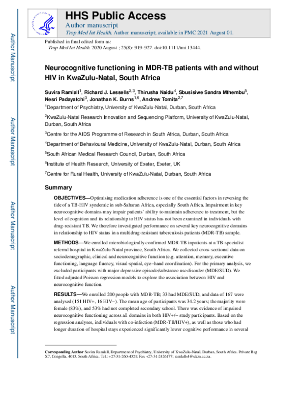 (PDF) Neurocognitive functioning in MDR‐TB patients with and without ...