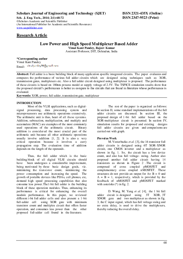 (PDF) Low Power and High Speed Multiplexer based adder