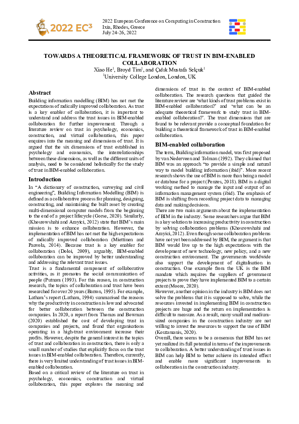 (PDF) TOWARDS A THEORETICAL FRAMEWORK OF TRUST IN BIM-ENABLED COLLABORATION