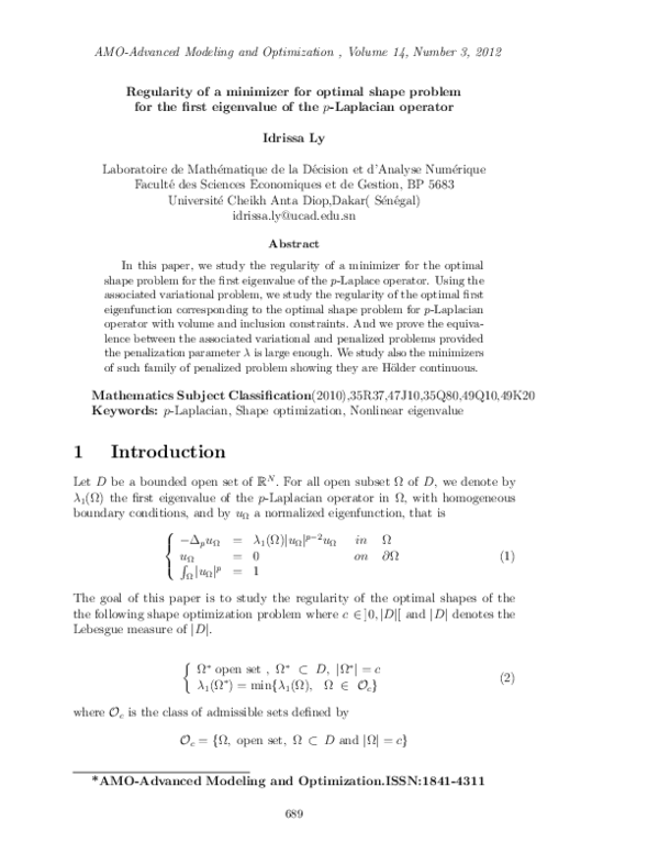 (PDF) Regularity of a minimizer for optimal shape problem for the first ...