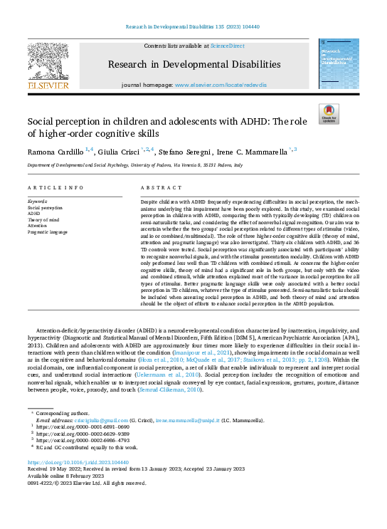 (PDF) Social perception in children and adolescents with ADHD: The role ...
