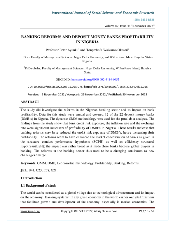 (PDF) BANKING REFORMS AND DEPOSIT MONEY BANKS PROFITABILITY IN NIGERIA