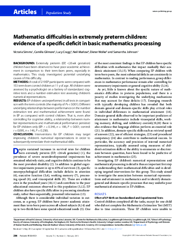 (PDF) Mathematics difficulties in extremely preterm children: evidence ...